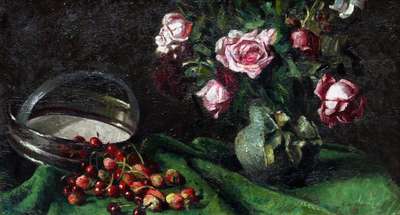 Still life with cherries and vase with roses - Maimeri Gianni